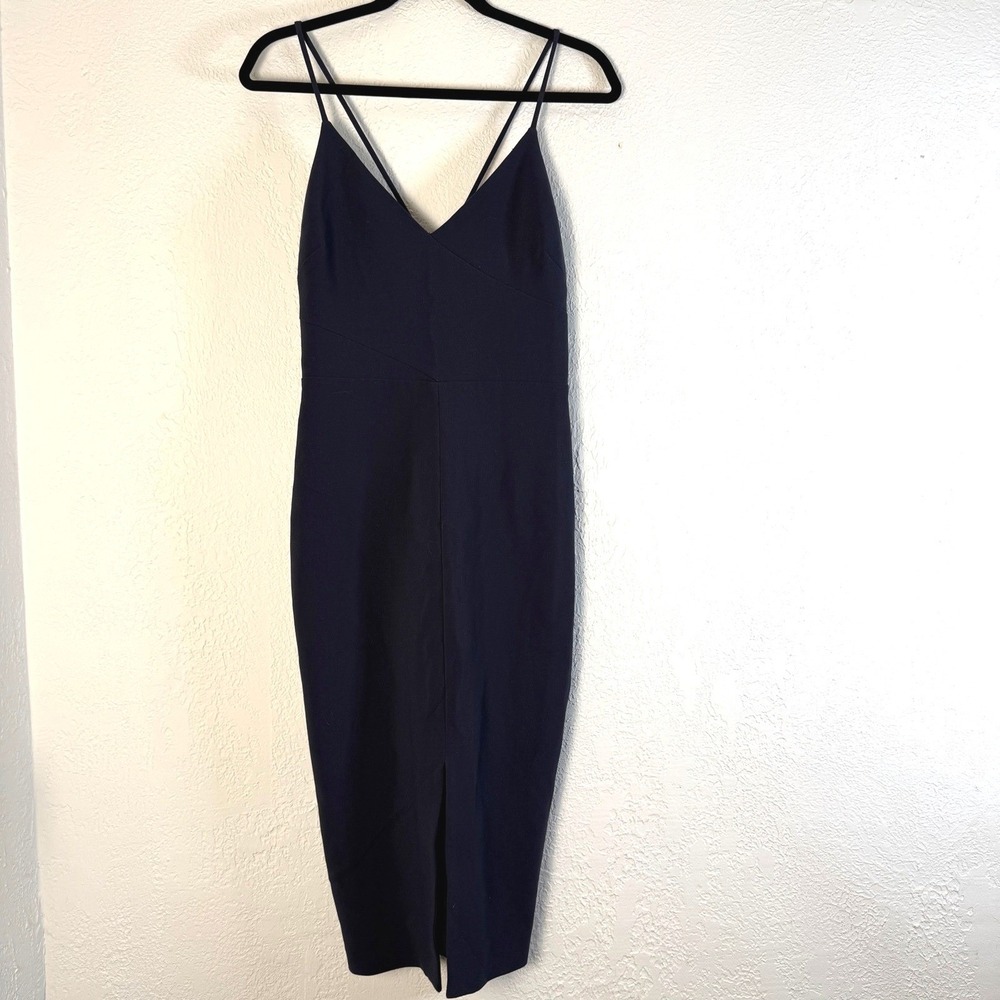 Likely Womens 6 Navy Blue Double Strap V-Neck Midi Sheath Dress Chic Capsule